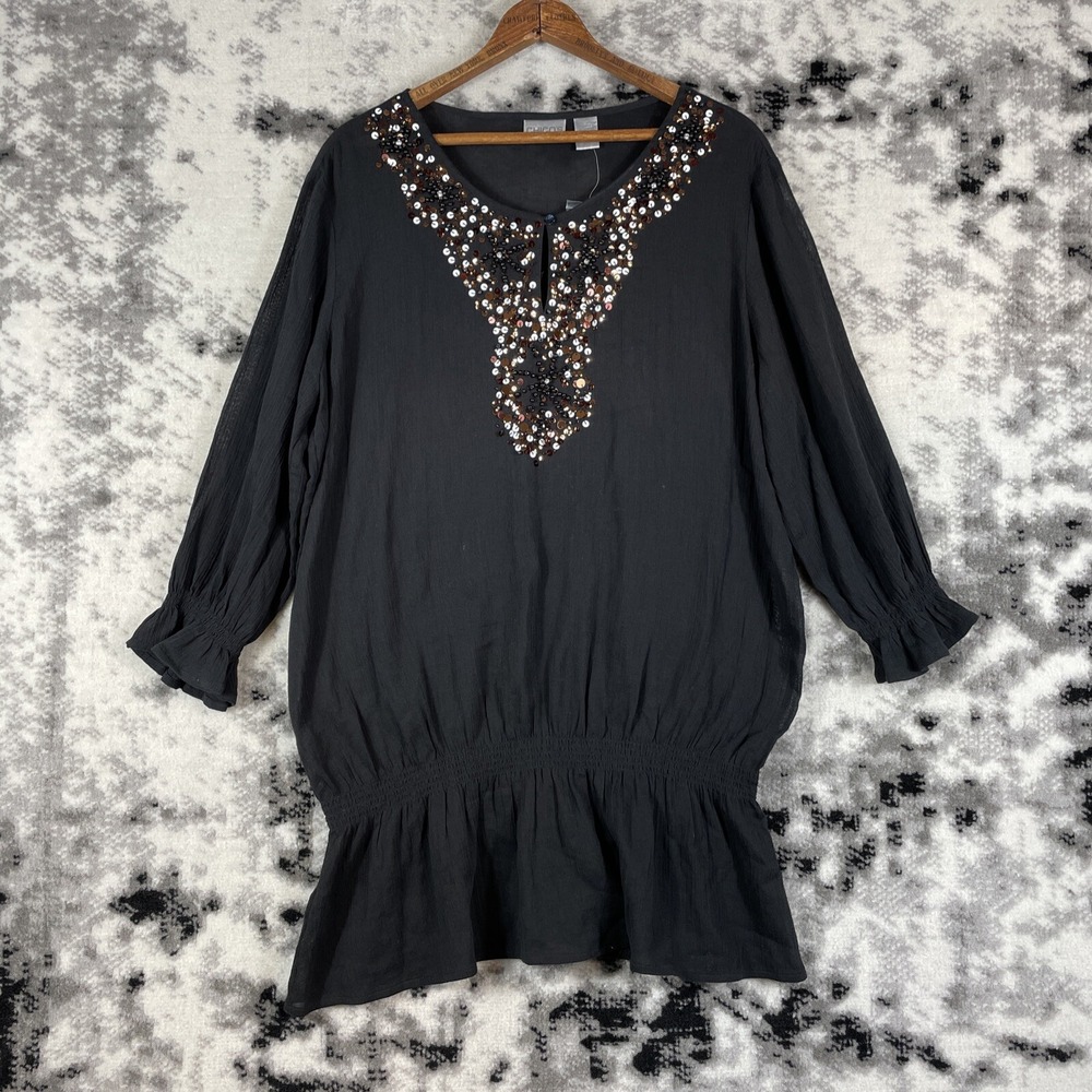 Chicos Blouse‎ Womens Size Large (2) Black Sequin Neck Woven Long Sleeve